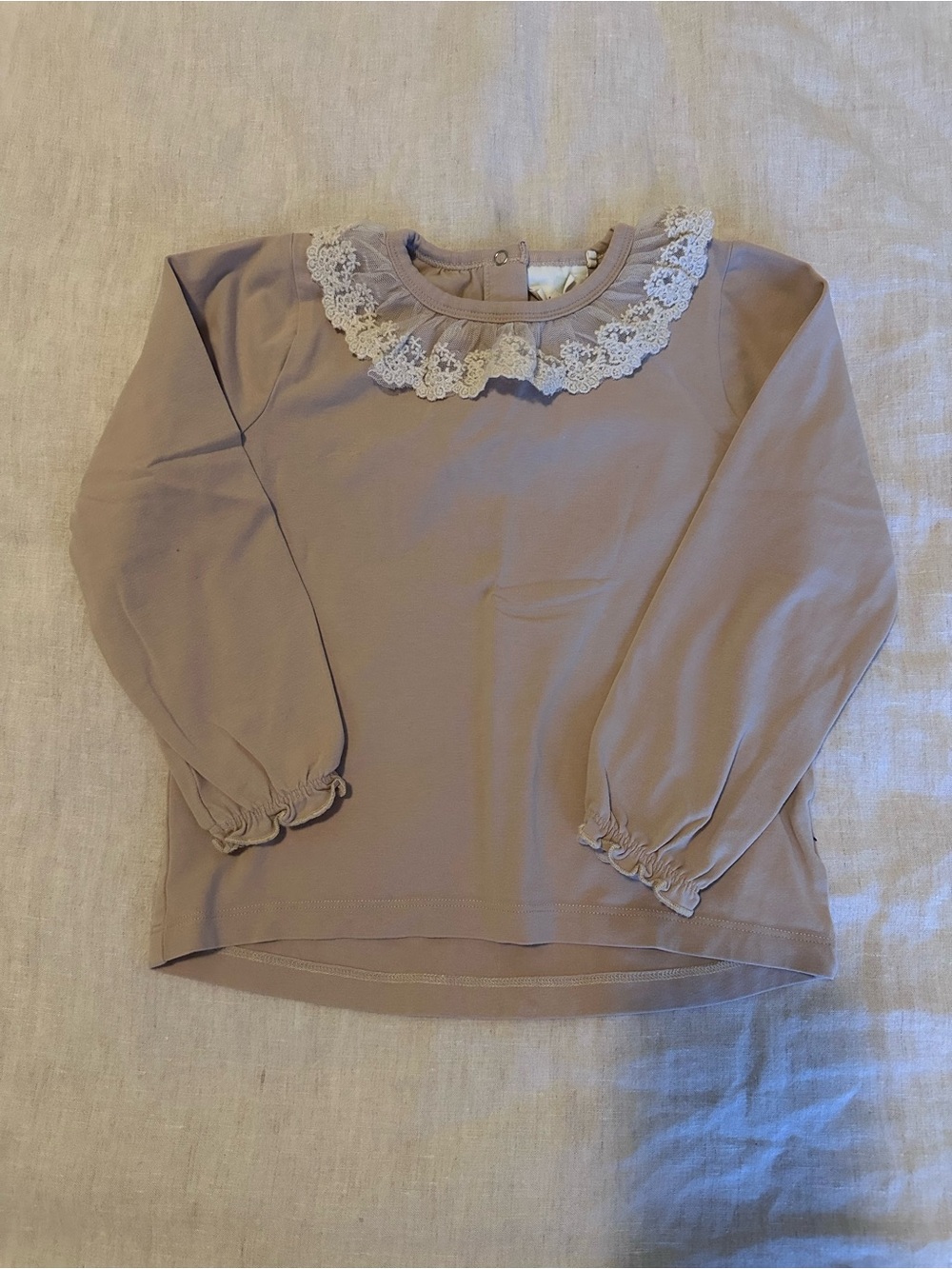Girls Long-Sleeve Lace Collar Top in Taupe